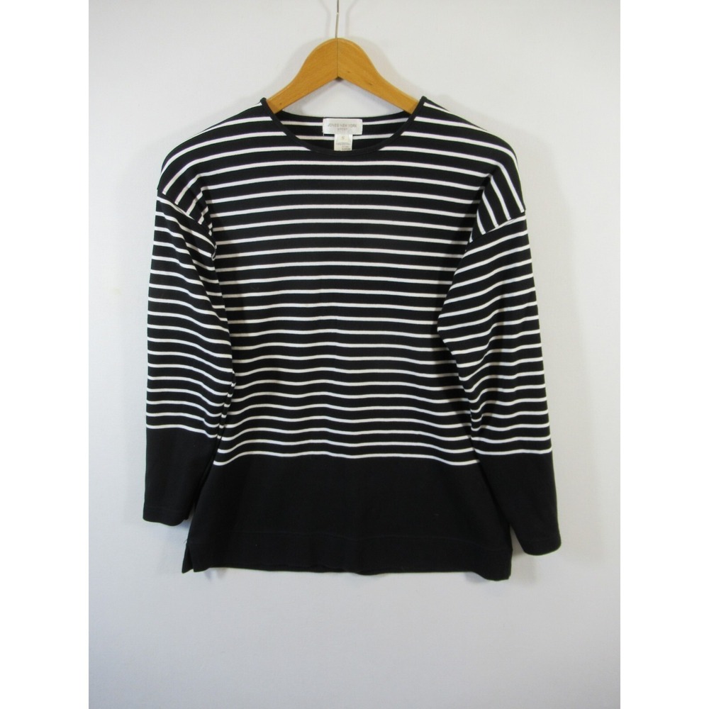 Jones New York T-Shirt Women Small Long Sleeve Black/White Stripe Thick Cotton